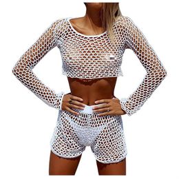 Women's Swimwear Hollow Out Lady Sexy Beach Bikini Cover Up Crochet Swimsuit Women Fishnet Bathing Suit Ups Knitted Beachwear 2021