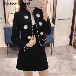 Autumn wool blends 2 piece sets Woman pearl beading coat and black mini skirt female casual design ladies 210603