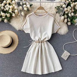 Knit Dress Women Summer Striped Short Batwing Sleeve Mini Fashion O-neck Lace-up Slim Waist Casual Female 210603