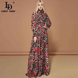 LD LINDA DELLA Fashion Runway Long Sleeve Maxi Dresses Women's Elegant Party Rose Floral Leopard Print Long Dress Holiday Dress 210325