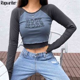 Fake 2 Pieces Contrast Colour Y2k Crop Tops Women O-Neck Long Sleeve Casual T Shirt Tee Femme Streetwear Rawpriter 210510