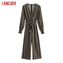 Tangada Women Elegant Chain Print Long Jumpsuit with Slash Long Sleeve V Neck Female Casual Jumpsuit 1F66 210609