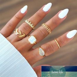 6 Pcs Set Fashion Bohemia Leaf Crystal Crown Women's Ring Set Midi Ring Ornament for Women Girl Knuckle Ring New Jewellery