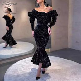 Mermaid Long Sexy Strapless Sleeve Black Sequined Arabian Style Dubai Women Formal Celebrity Party Dress 210527