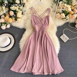 Korobov Summer Beach Style Women Dress Vintage Solid Spaghetti Strap Elastics High Waist Dresses Bohemian Backless Vestidos 210430