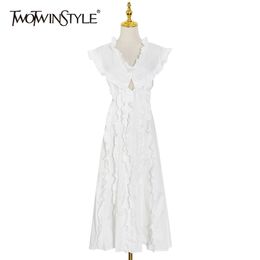 White Elegant Dress For Women V Neck Raglan Sleeve High Waist Hollow Out Ankle Length Dresses Female Style 210520