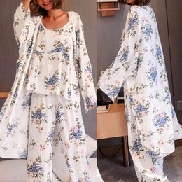 Women Pyjamas 3 Pieces Satin Sleepwear Pijama Silk Home Wear Home Clothing Embroidery Sleep Lounge Pyjama Pyjamas Tops+Pant Set X0526