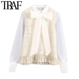 Women Fashion With Tassel Patchwork Organza Tweed Blouses Vintage Bow Tie Collar Frayed Female Shirts Chic Tops 210507