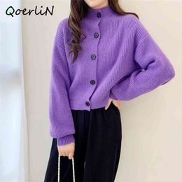 Purple Sweater Women Winter Autumn Single-breasted Cardigan Fashion Lantern Sleeve Warm Knitwear Coat Female 210601