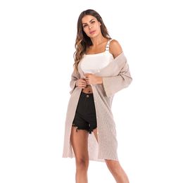 Loose Knitted Medium and Long Cardigan Autumn Women Casual Open Stitch Thin Coat Flare Sleeve Single Breasted Elegant Streetwear 210507