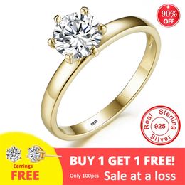 Classic 18K Yellow Gold Ring Luxury Solitaire 6mm 1 Carat Lab Diamond Wedding Band Never Fade Silver 925 Jewellery R019 211217