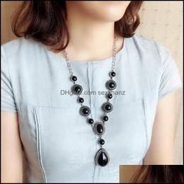 Necklaces & Pendants Jewelryautumn Winter Sweater Chain Turquoise Water Necklace Female Black Stone Retro Exotic Jewelry Pendant Drop Delive