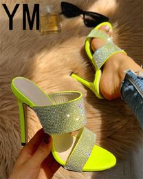Gladiator Slip-On Woman Pumps Slides Sexy Yellow Crystal Sandals Women Summer Stiletto Heel Shoes Plus Size 36-41 Y0721