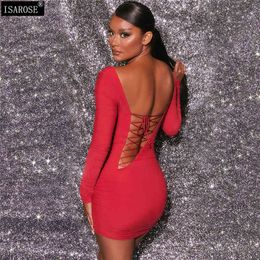 ISAROSE Mesh Bodycon Dress Solid Colour Voile Long Sleeves Back Oblique Slit Bandage Square Collar Soft Sexy Slim Backless Dress 210422