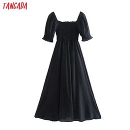 Tangada Women Elegant Black Midi Dress Puff Short Sleeve Off Shoulder Ladies Dress 8M13 210609