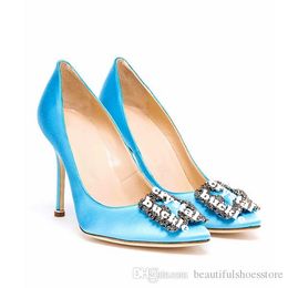 Модельер-дизайнерские женские свадебные свадебные обувь Элегантная бриллиантовая заостренная пальца на высоте 10 см. Насосы на каблуках Скальи на таконах хрустальные пряжки мужаер шелковые каблуки плюс 34-43
