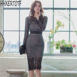 autumn Women knee-length Lace Dress Long Sleeve Sheath Pencil Bodycon Patchwork Dresses Vestidos 210531