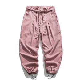 Corduroy calças casuais homens soltas cordão calças de cor sólida outono plus tamanho 4xl 5xl calças retas moda japonesa 210601