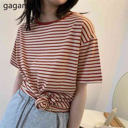 Summer T Shirt Womens Short Sleeve Basic Cotton T-Shirts Vintage Striped Femme O-Neck Loose Tops Tee 7 Colors 210601