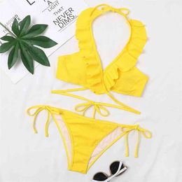 Push Up Bikinis Women's Swimsuits Sexy Ruffle Swimwear Ribbed Bathing Suits Thong High Cut Beachwear Bikini Set Yellow 210520