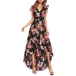 White Black Floral Flower Print V Neck Lace Hollow Out Ruffle Tank Sleeveless Asymmetrical Backless Summer Dress D0597 210514