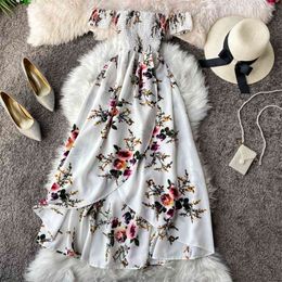 Summer Women's Dress Irregular Slit Print Floral Long Skirt One-way Neck Strapless Chest Wrap Short Sleeve Dresses LL006 210506