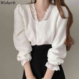 Blouse Women Korean Chic Elegant Shirts V-neck Lace Hollow Out Patchwork Blouses Loose Puff Sleeve White Tops 210519