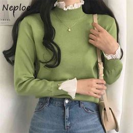 Korean Mesh Panelled Patchwork Pullovers Slim Fit Knitted All-match T-shirt Autumn Winter Sweet Women Sweaters 210422