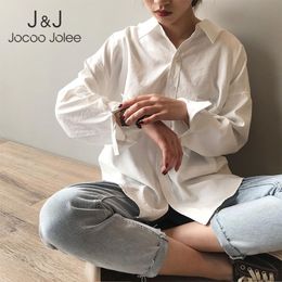 Jocoo Jolee Women Spring Summer Casual Loose Buttons Pocket Basic Minimalist Blouses Turn Down Collar Solid T-Shirts Tops 210518