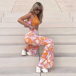Floral Printed Flare Pants For Women Fashion Summer Chic Tie Dye Long Trousers Female Casual Sweatpant s Streetwear 211115