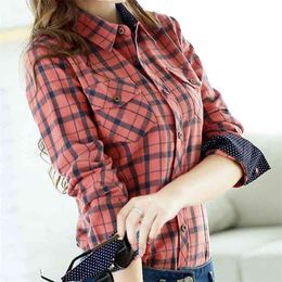 Spring Autumn Slim Flannel Plaid Blouse Women Korean Turn-down Collar Long Sleeve 100% Cotton Shirts Tops High Quality 210323