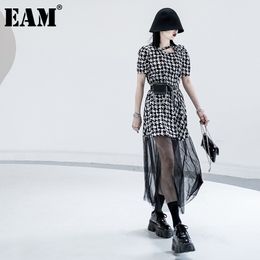 [EAM] Women Black Casual Bow Spliced Mesh Dress Square Neck Short Sleeve Loose Fit Fashion Spring Summer 1DD8789 21512