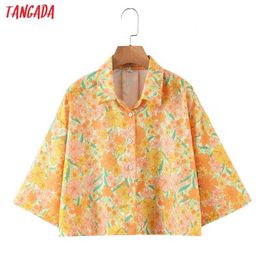 Tangada Women Retro Yellow Floral Print Crop Shirt Oversized Short Sleeve Summer Chic Female Shirt Tops 3Z71 210609