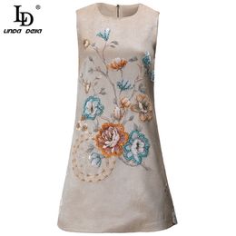 Summer Fashion Designer Dress Women's Sleeveless Elegant Crystal Beaded Print Jacquard Party Mini Dresses 210522