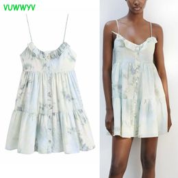 VUWWYV Summer Tie Dye Ruffle Thin Straps Mini Dress Women Vintage Backless Ruched Woman Dresses Front Buttons Vestidos 210430