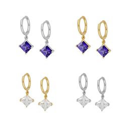 Hoop & Huggie 925 Sterling Silver Ear Buckle Small Square Crystal Diamond Pendant Women Zircon Earrings Fashion Jewellery Gifts For Friends