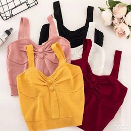 Heliar Women Knitted Crop Tops Ruched Front Button Strappy Sweetheart Top Vacation Sexy Crop Tops For Women Summer INS Hot Tops X0507