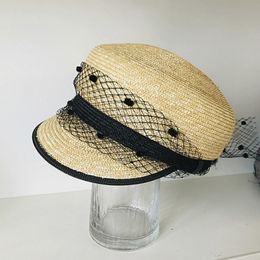dotted veil UK - Wide Brim Hats New Breathable Straw Sun for Women Black Dot Veil Summer Beach Newsboy Cap Derby Travel Visor Outdoor Baseball 8AWR