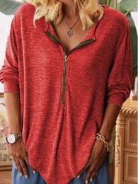 Women's T-Shirt 2021 Turn Down Collar Long Sleeve Half Zip Up Loose Solid Autumn Spring Women Tee Tops WDC6427