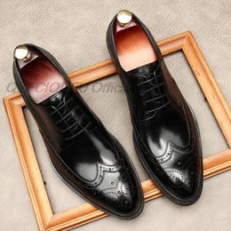 Men Leather Shoes Business Dress Suit Shoes Men Brand Bullock Genuine Leather Burgundy Black Lace Up Wedding Mens Formal Shoes