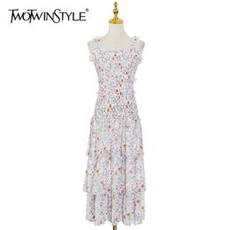 Floral Vintage Ruffles Dress For Women Square Collar Sleeveless Print Hit Colour Mid Dresses Female Clothes 210520
