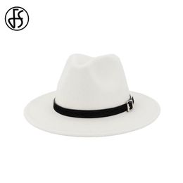 Men Women White Fedora Hat Wide Brim Wool Felt Panama Hats With Belt Buckle Jazz Trilby Cap Black Formal Caps Chapeau Femme