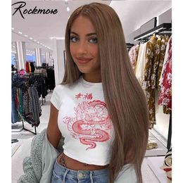 Rockmore White Chinese Character Dragon Print T Shirt Women Bodycon Casual Tshirt T-Shirt Femme Streetwear Tops Tee Shirt Summer 210324