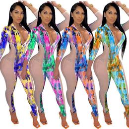 Tie Dye Print Mesh Sheer Splice Sexy Costume One Piece Club Outfits Slim Bodycon Overalls Zip Up Rompers Women Jumpsuit Women's Jumpsuits &