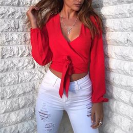 Fashion Sexy Women Shirt Blouse Solid Ladies Long Sleeve Waist Tie Cross V-neck Shirt Bow Sexy Open Back Tops Black Red White X0521