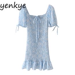 Blue Floral Elastic Dress Women Sexy Square Neck Short Sleeve Bodycon Sweet Ladies Summer Holiday Party Vestido 210514