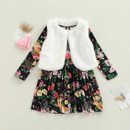 Baby Long Sleeve Dress + Vest Flower Pattern Fold Decoration Sweet Style Little Princess Costume Girls Spring Autumn Dresses G1026