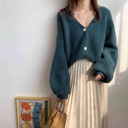 Oversize Women's Sweaters Autumn Winter fashionable Casual Blue V-Neck Cardigans Single Breasted Puff Sleeve Loose Cardigan 210423