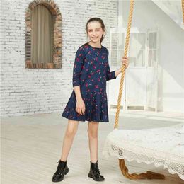 Autumn and Spring Fashionable Cherry Allover Print Long-sleeve Dress Kids Girl Dresses Dark Blue Clothes 210528