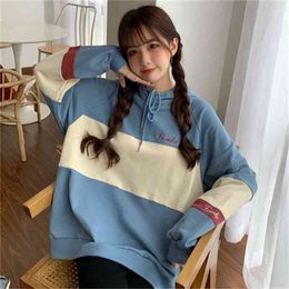 Causal Patchwork Letter Embroidered Fashion Vintage College Wind Hooded Women Top Loose Thin Hoodies 210522